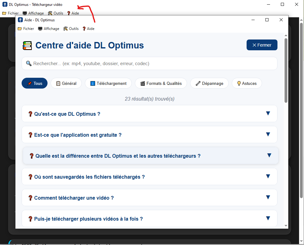 Page d'aide DL Optimus